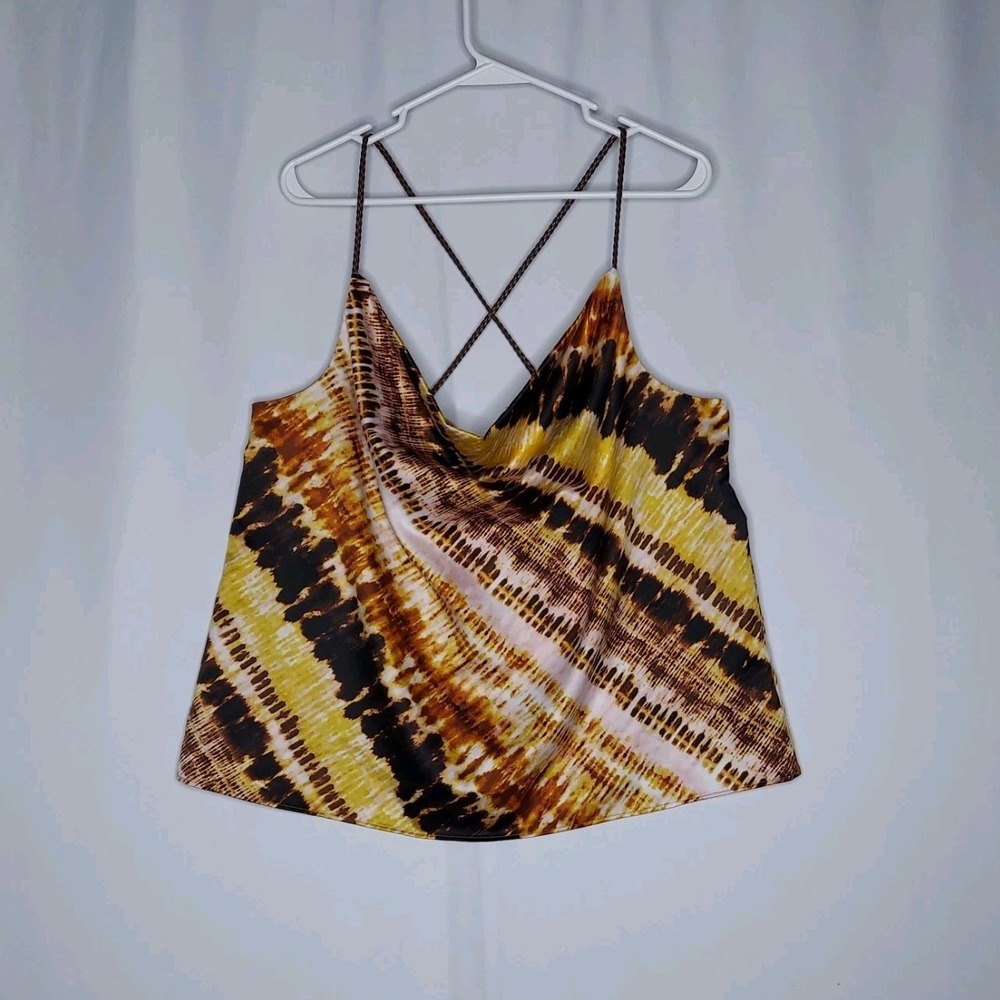 Kensie Satin Camisole‎ Cowl Top Women XL Brown Yellow Stripe Braided Strap Glam